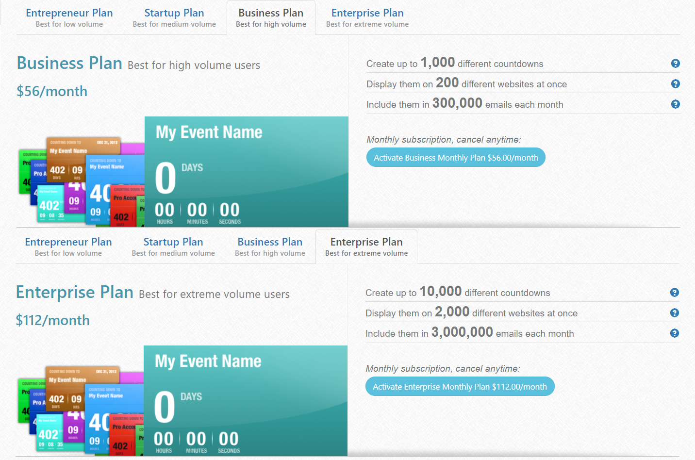 Business and Enterprise plans at Countingdownto