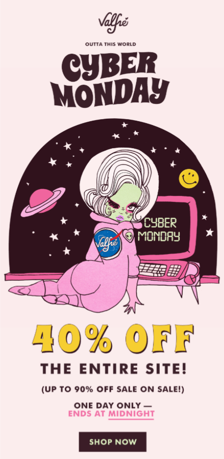 An email dedicated to Cyber Monday from Valfre An email dedicated to Cyber Monday from Valfre