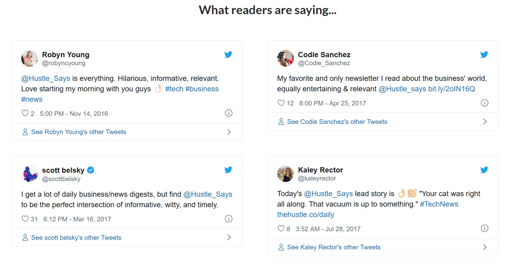 Readers’ tweets used as social proof
