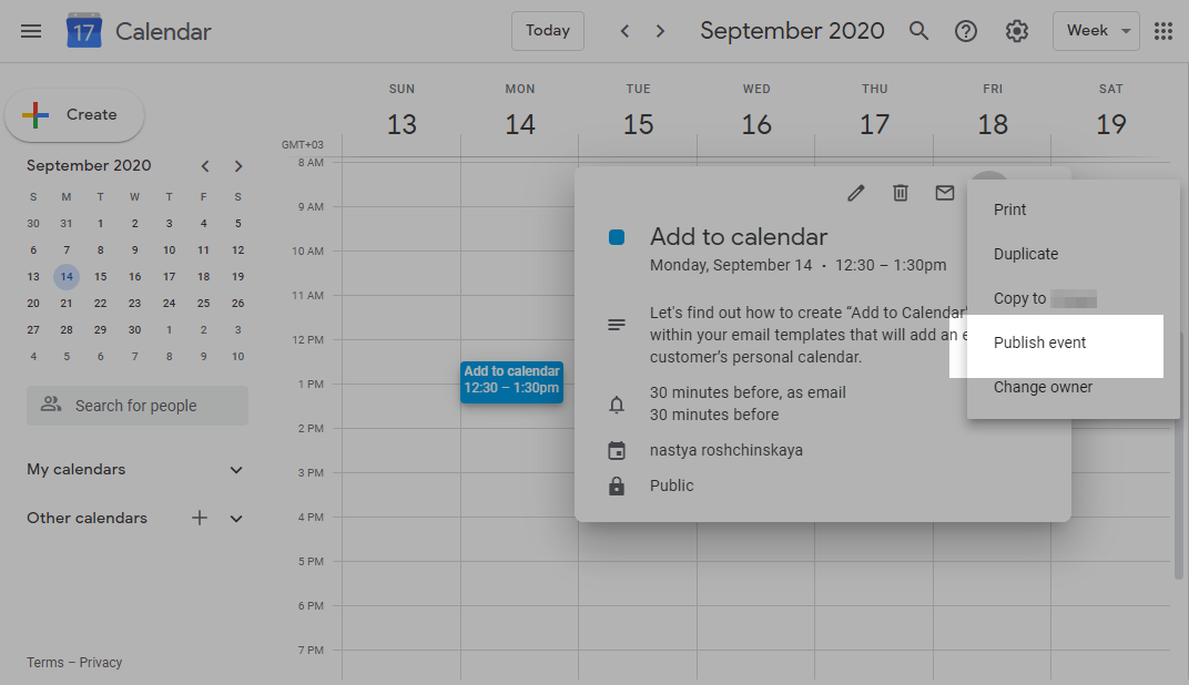 publishing calendar event in Google Calendar