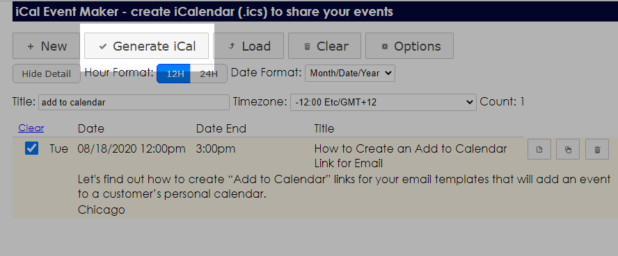 generating .ics file with iCal Event Maker