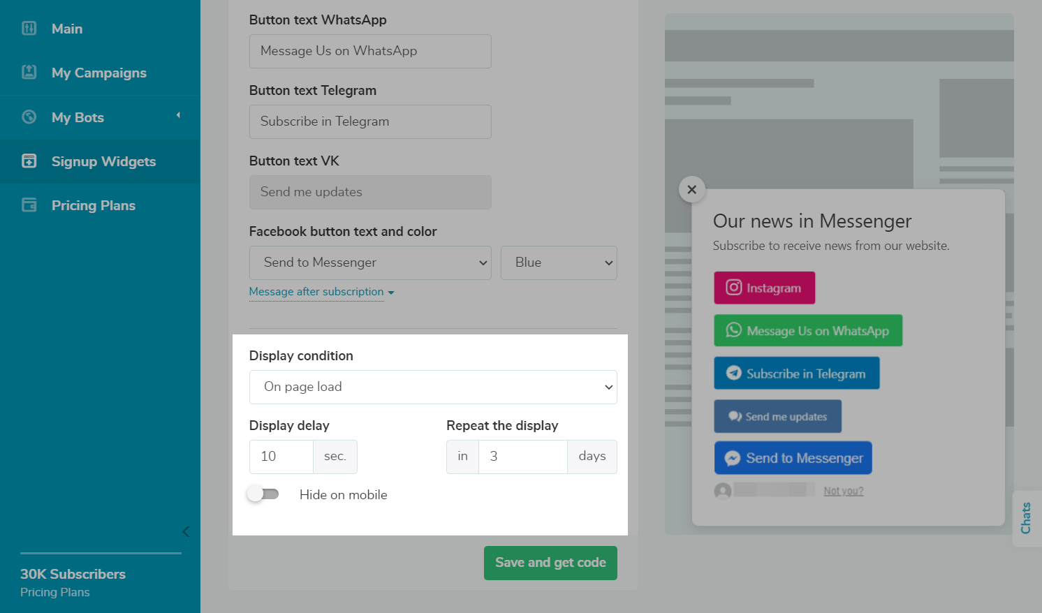 Settings for a floating form