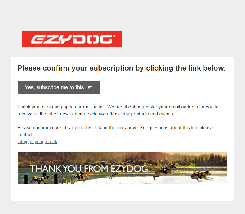 EzyDog subscription confirmation email