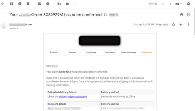 Order confirmation email