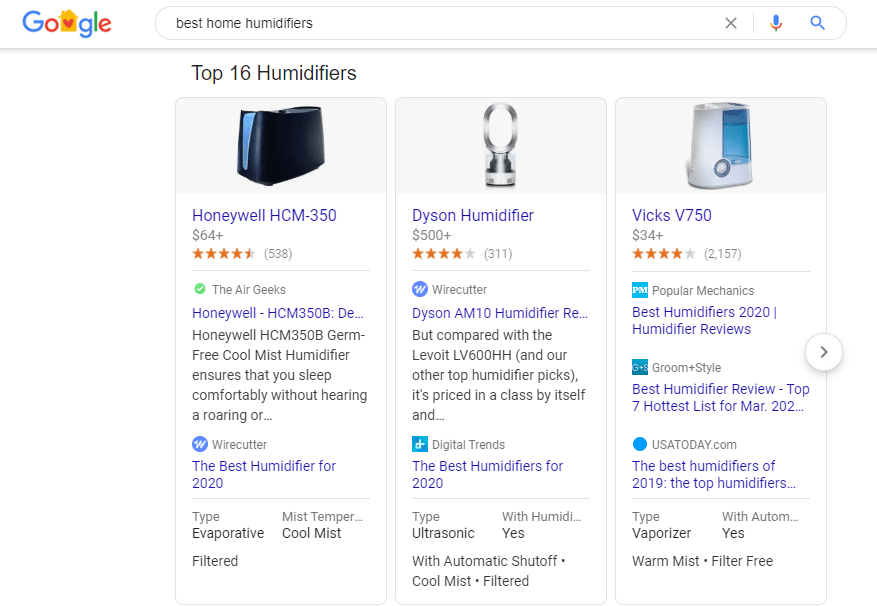 Search results showing top humidifiers
