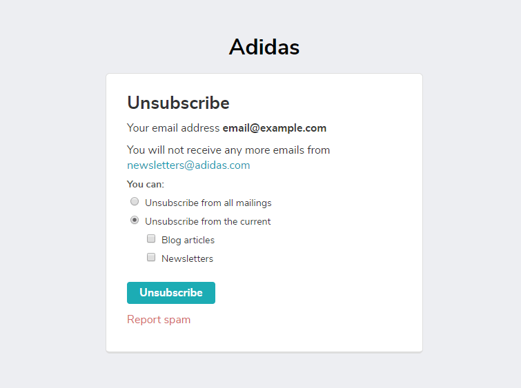 Unsubscribe page example