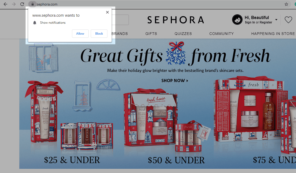 Sephora web push opt-in