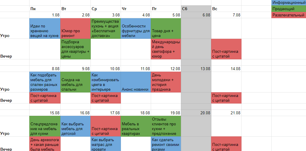 Пример контент-плана мебельного магазина