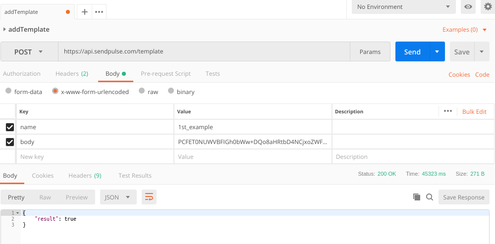 Загрузка шаблона письма в настройках API сервиса SendPulse