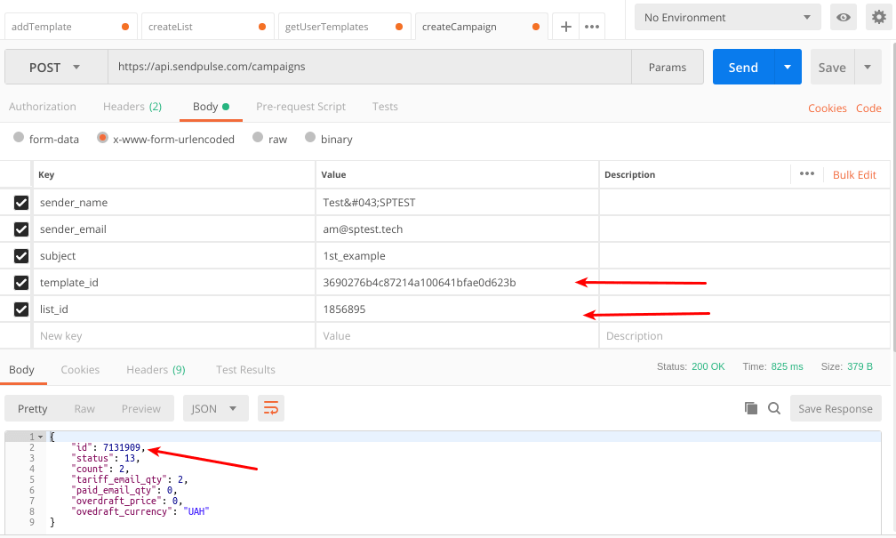 Значение параметра «template_id» настройках API сервиса SendPulse.