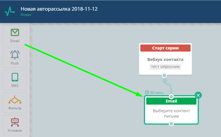 Добавление блока «Email» в цепочку авторассылки SendPulse