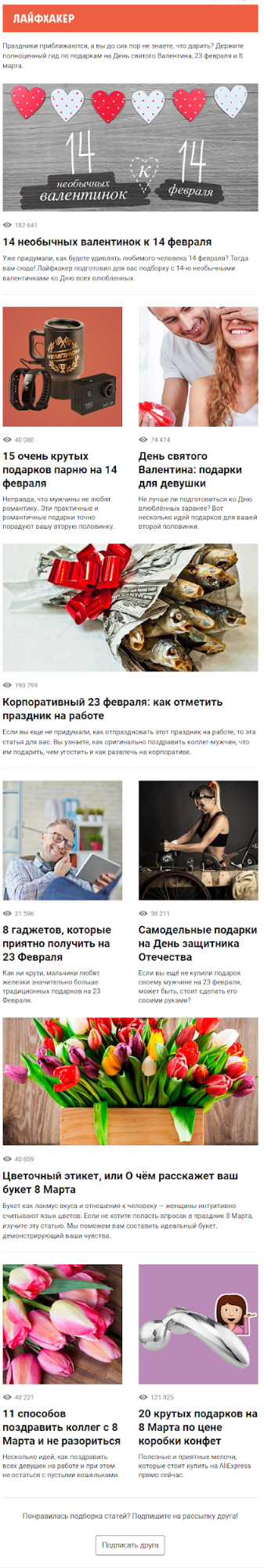 Рассылка-дайджест после подписки на рассылку сайта «Лайфхакер»