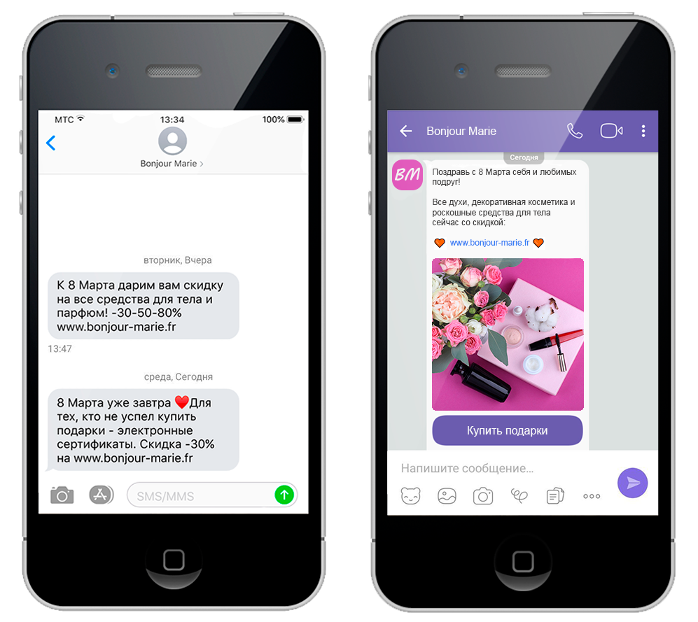 Пример рассылок к 8 Марта через SMS и Viber