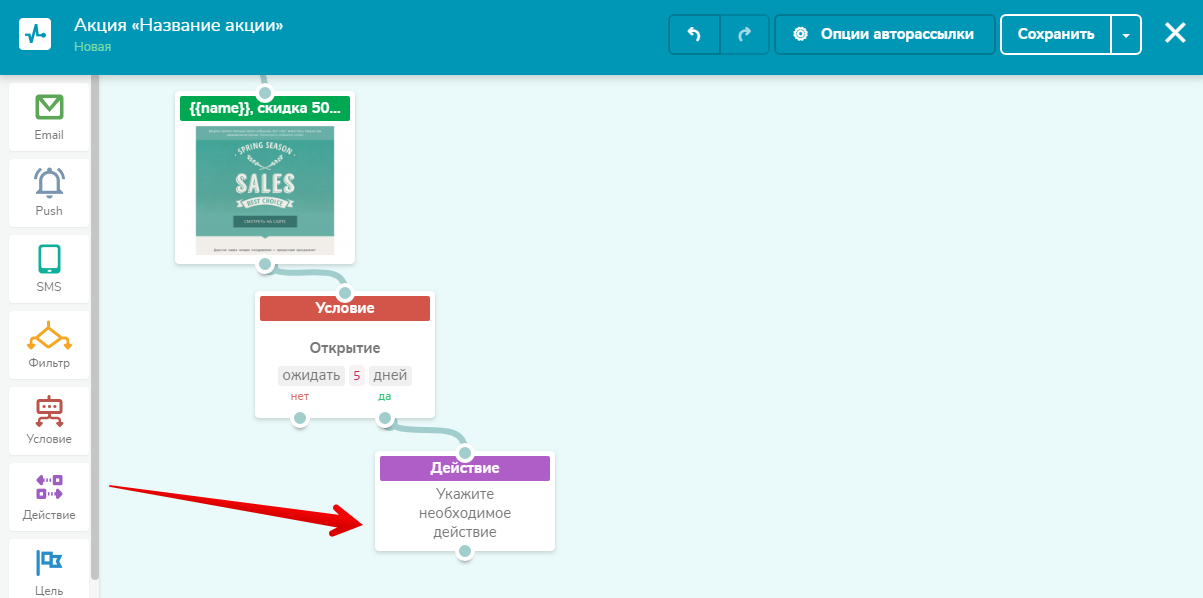 Блок «Действие» в настройке авторассылки