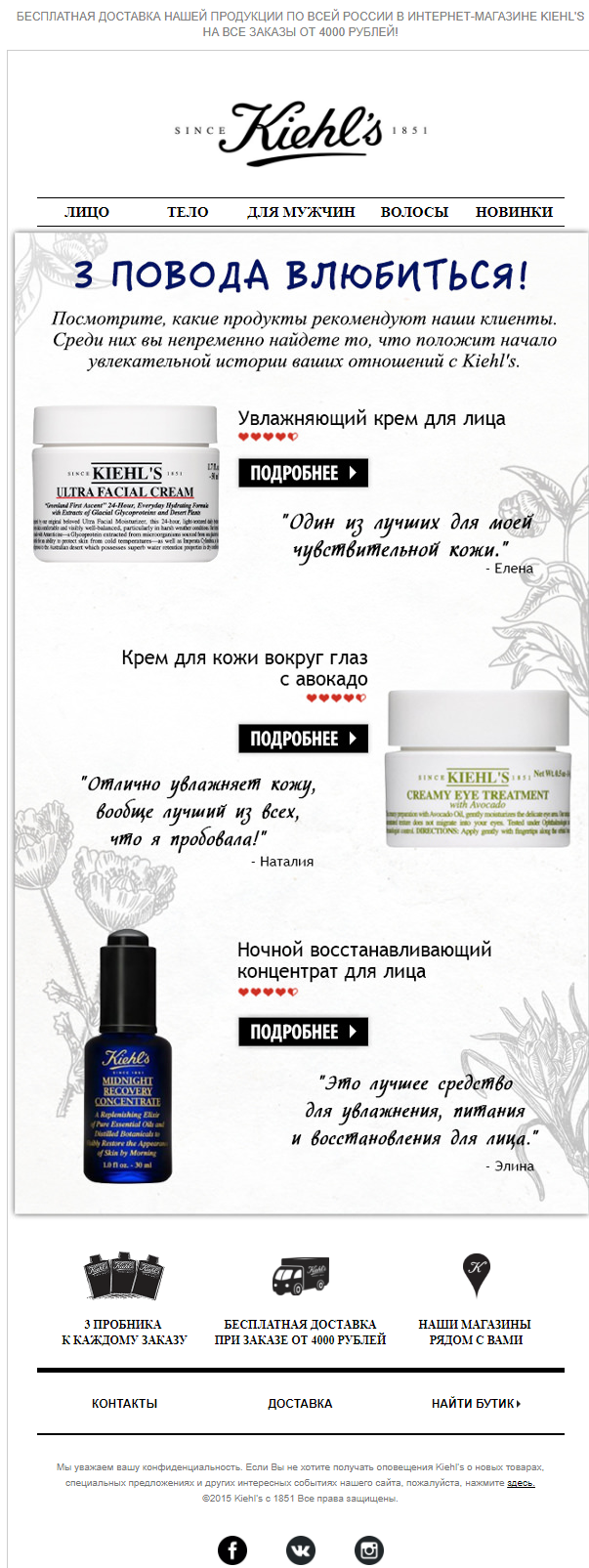 Рассылка с отзывами от Kiehl’s