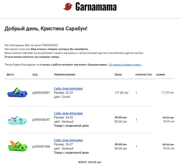 Послепродажное письмо с просьбой об отзыве