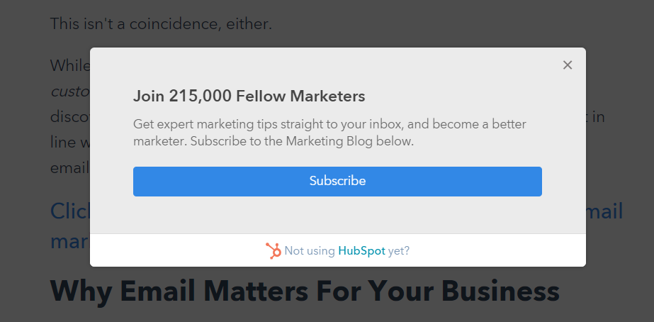 Хорошая подача пользы в тексте поп-апа от HubSpot