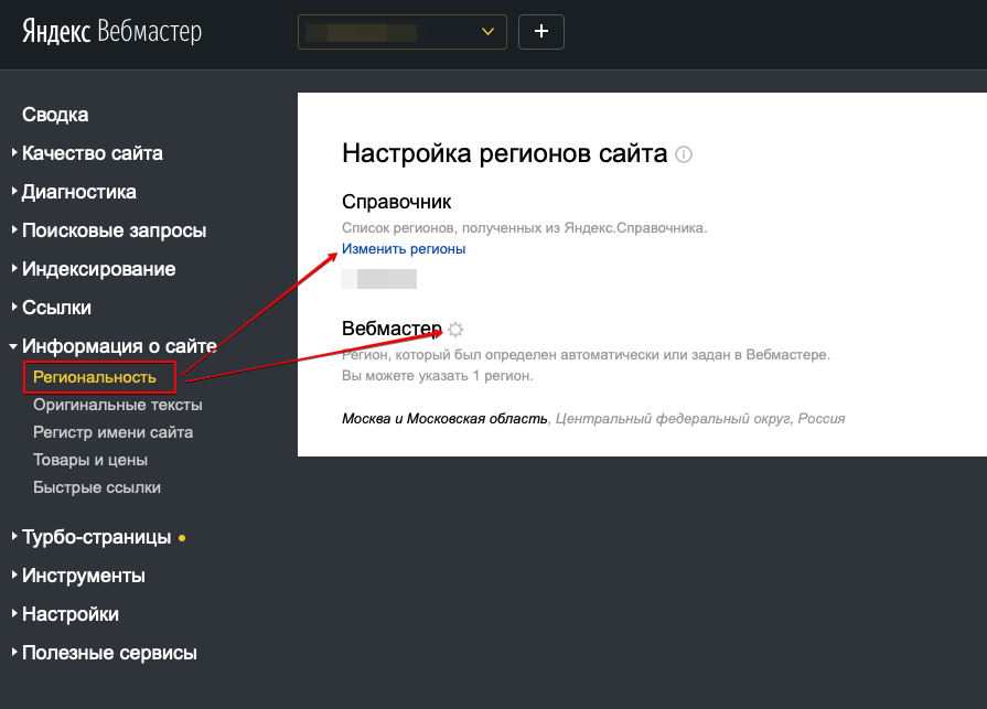 В разделе «Региональность» в «Вебмастере» можно указать локацию клиники
