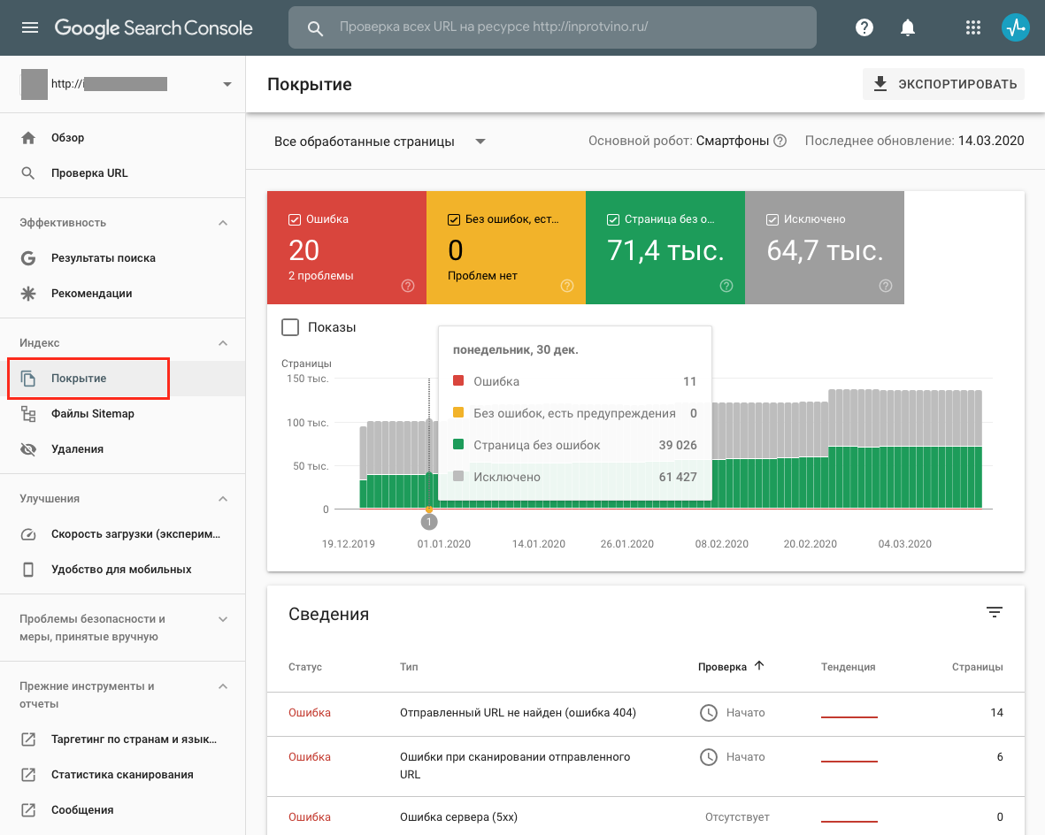 Отчет «Покрытие» в Google Search Console
