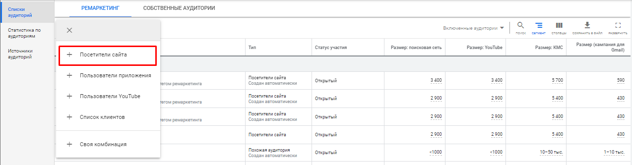 Создание аудитории ремаркетинга на основе тега Google Ads