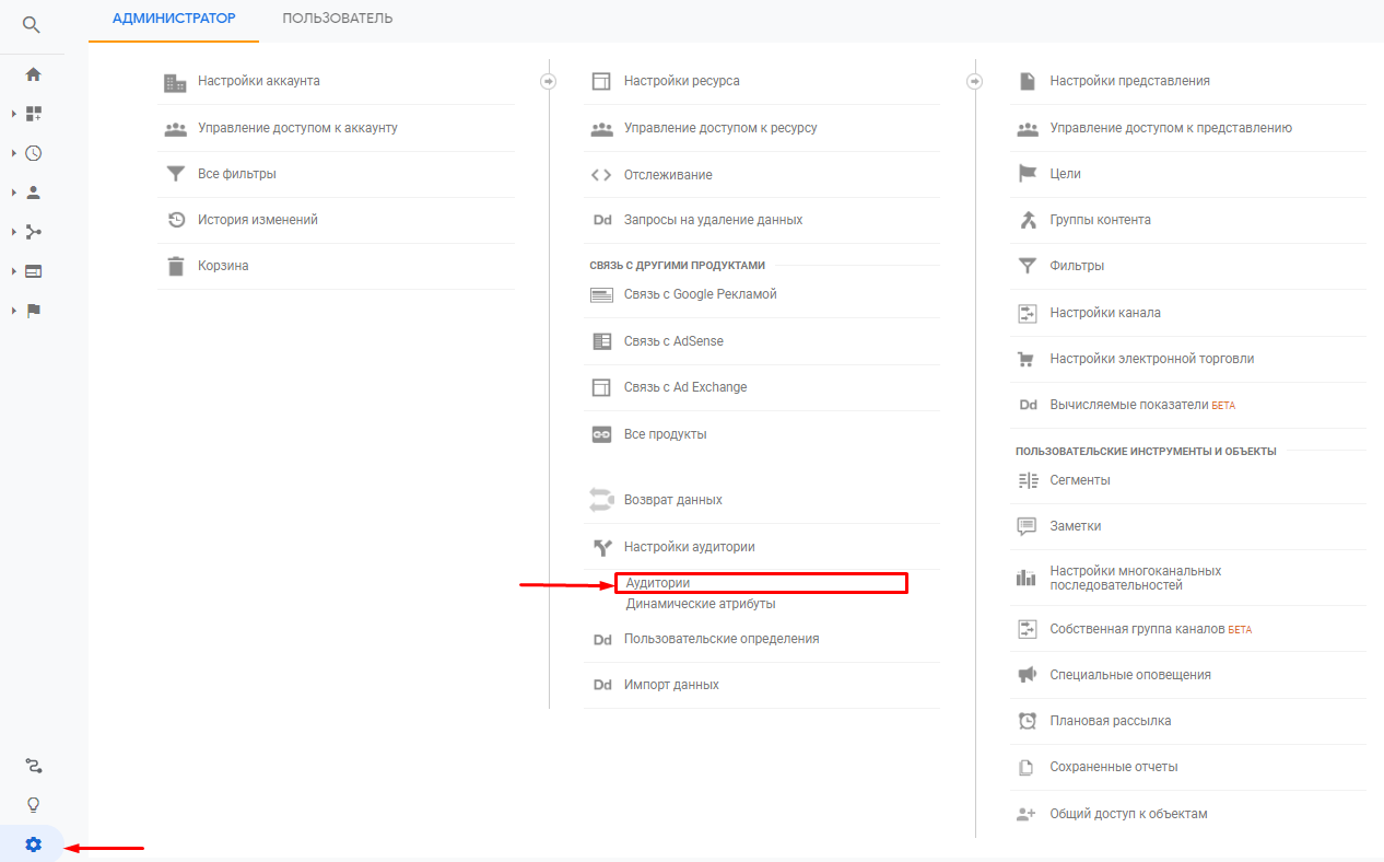 Переход в «Аудитории» в Google Analytics