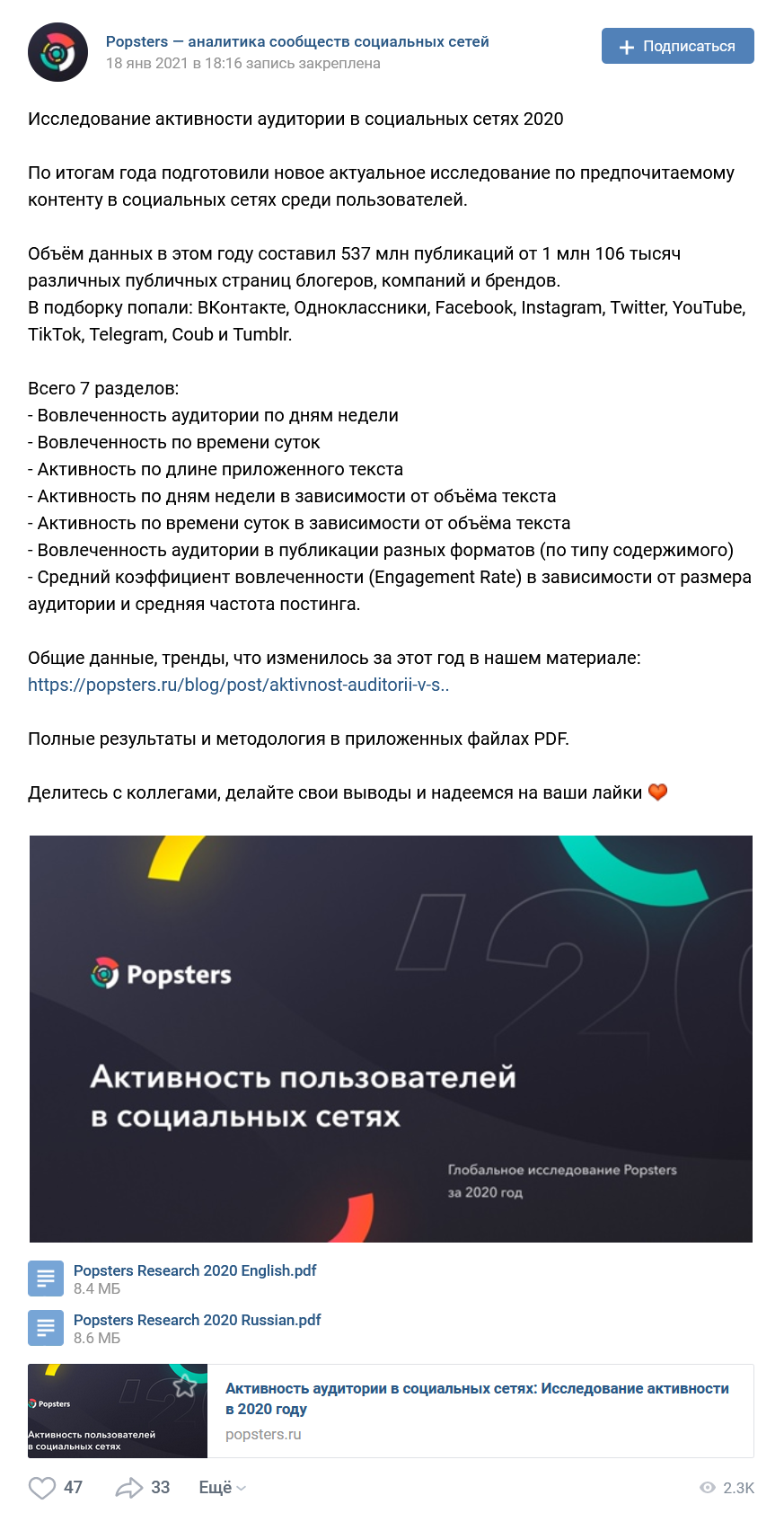 Виральный пост с исследованием о контенте на странице Popsters