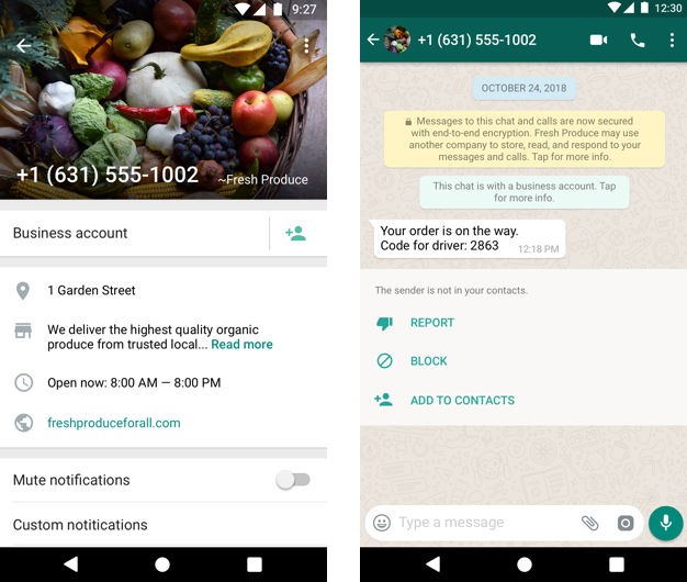 Пример отображения аккаунта компании в WhatsApp для пользователей