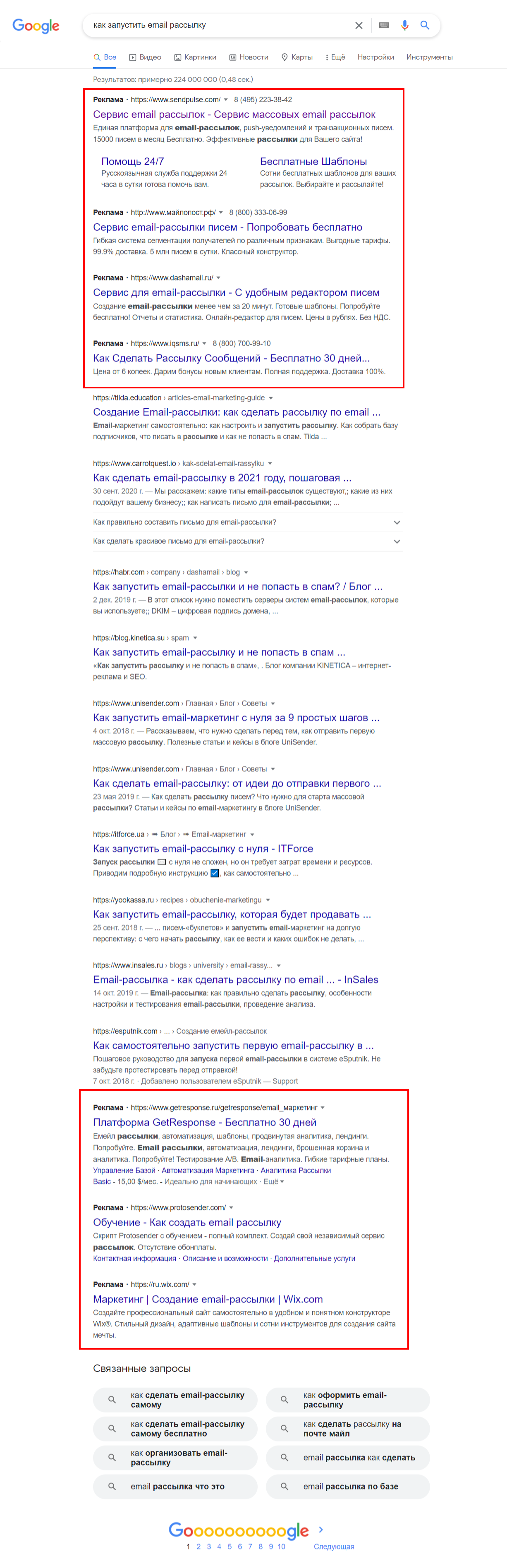 Варианты размещения объявлений на поиске Google