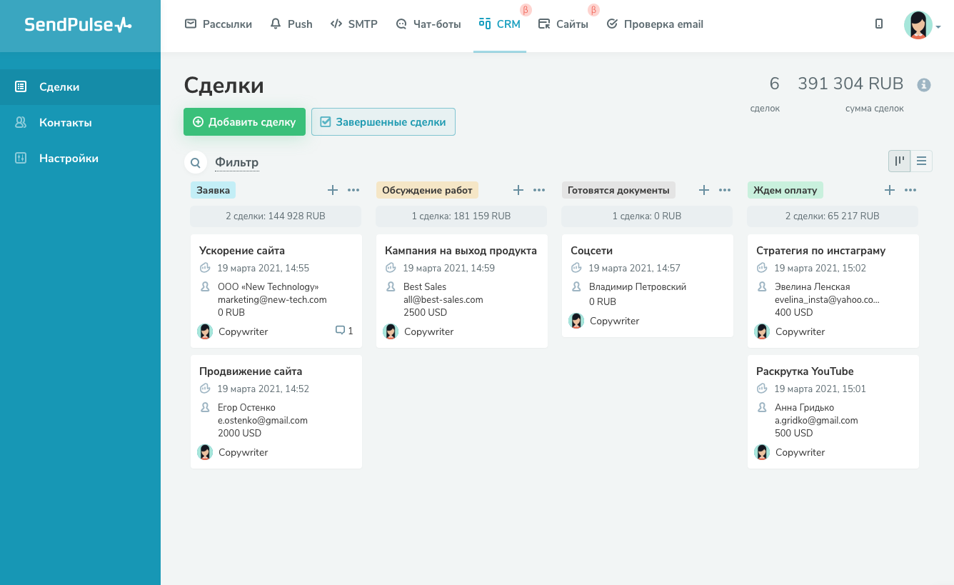 Сделки в CRM SendPulse в виде карточек, распределенных по этапам
