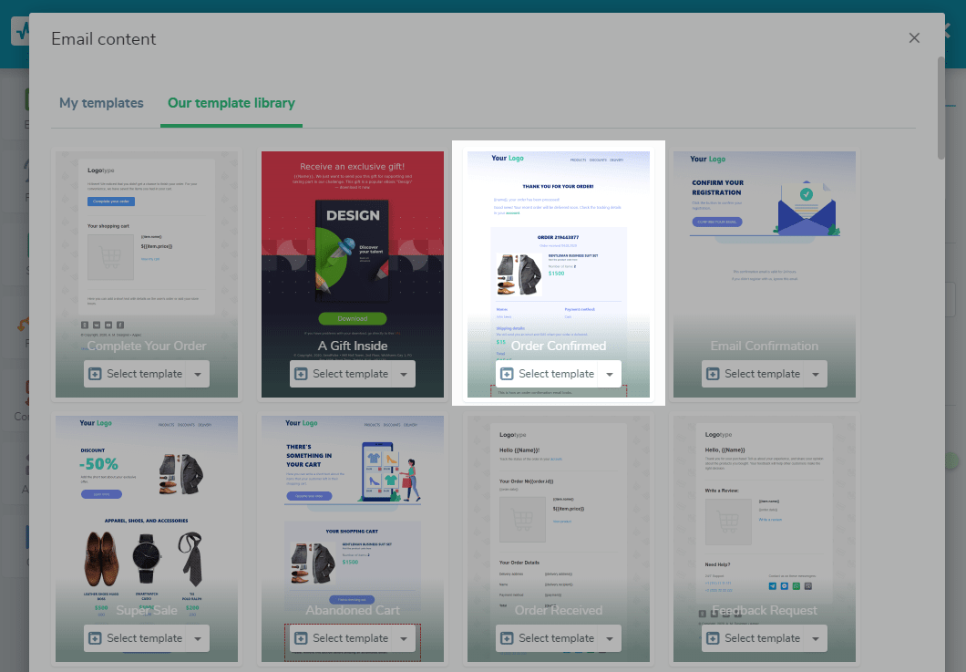 dynamic templates sendpulse choose pre-made template