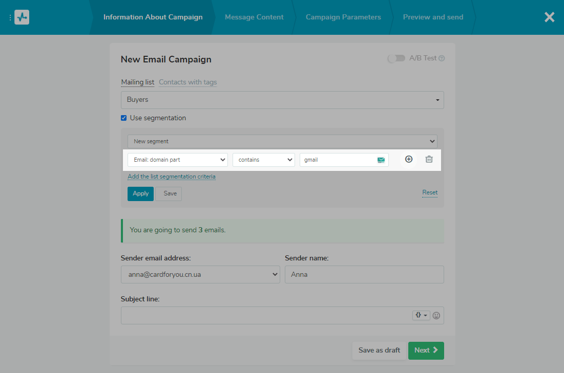 Segmentation by a domain part of an email address