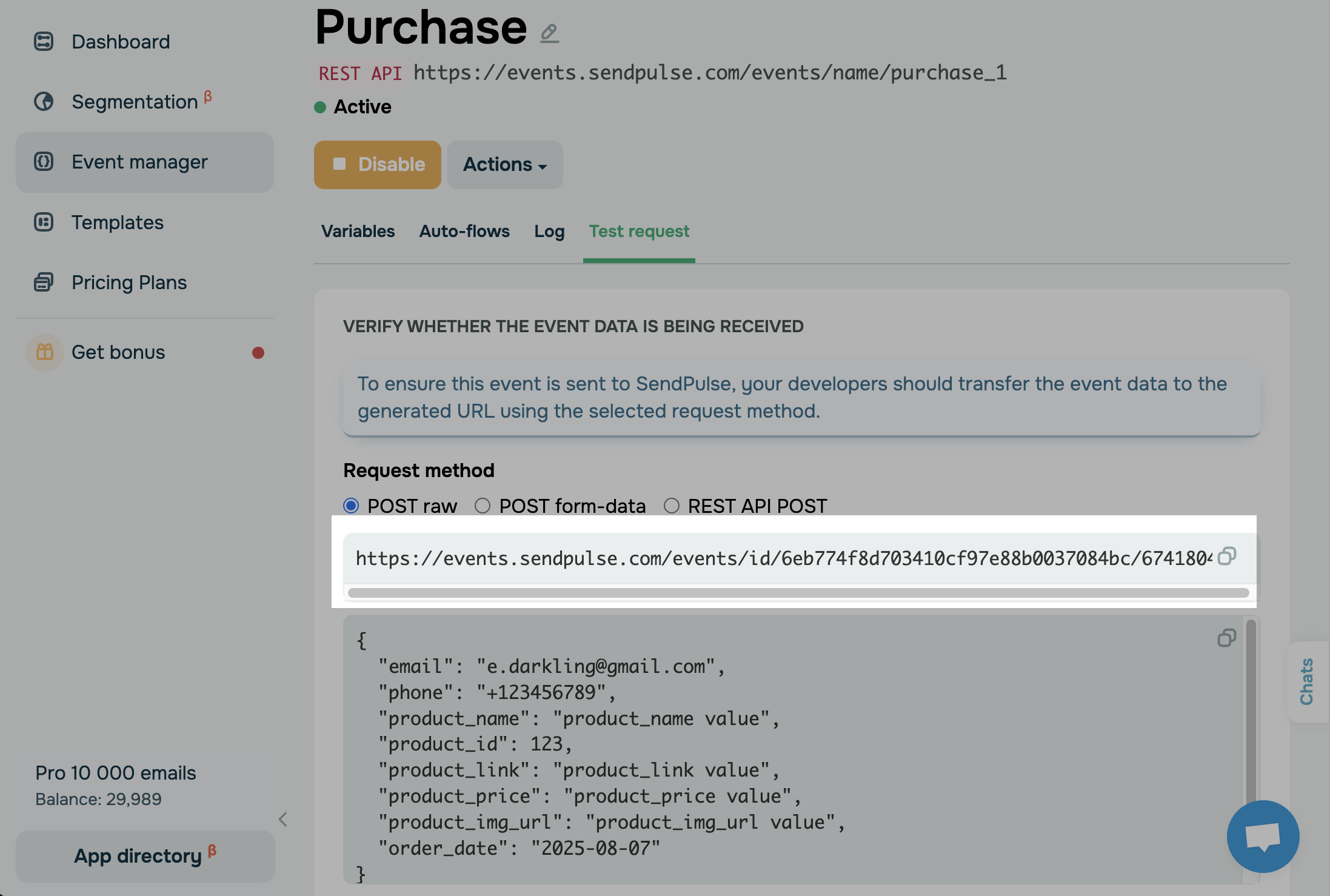 Create event in SendPulse