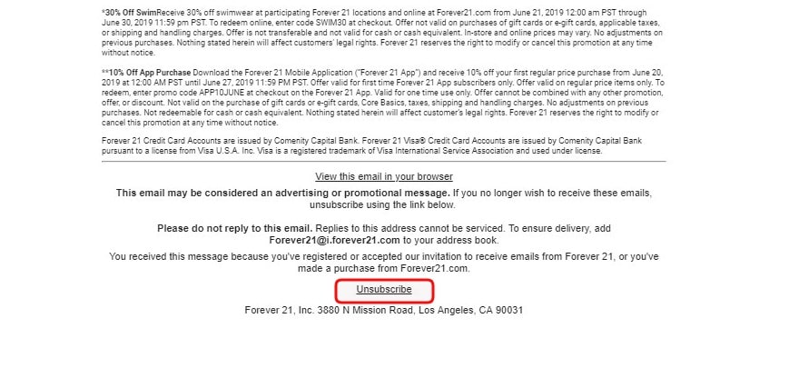 An unsubscribe link in the email footer