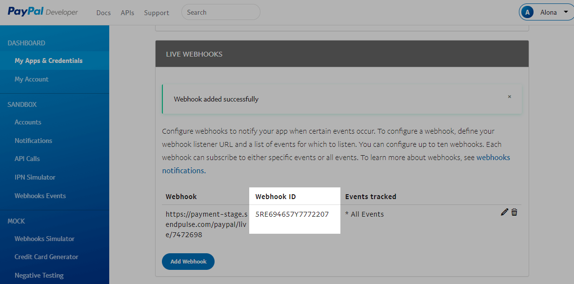 создаем вебхук в PayPal