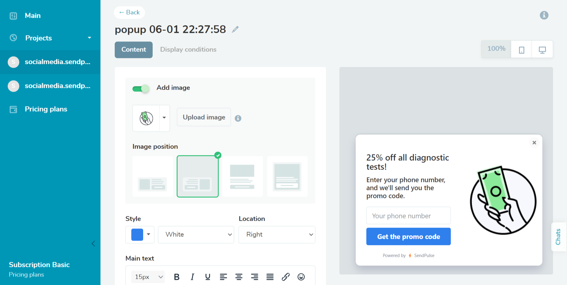 SendPulse popup builder