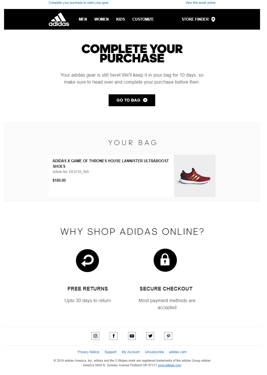 Abandoned cart email from Adidas